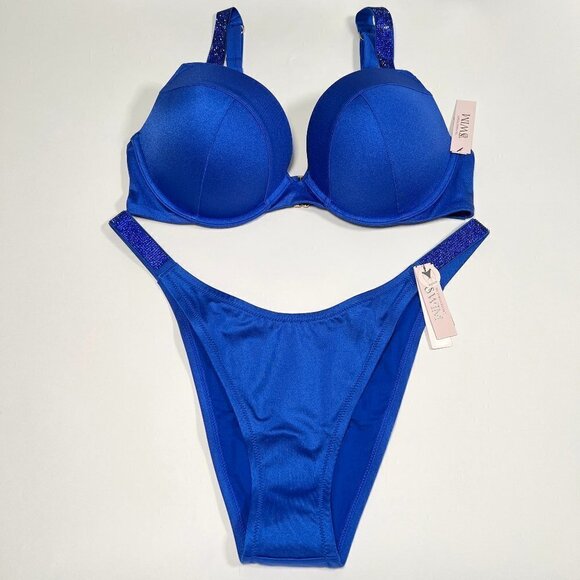 Victoria Secret 40C XL SEXY TEE Push Up Bikini Top Bottom Set Shine Strap Blue - Picture 1 of 8